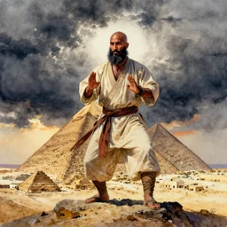 a close watercolor portrait of a charismatic egyptian / arabic style kung fu - monk on top of a pyramid overlooking the ancient monumental egyptian city, heavy clouds and setting sun, cinematic dark mood, masterpiece by anders zorn