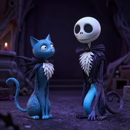 a pair of blue cats in the style of the nightmare before christmas, dark scene, stop motion film still