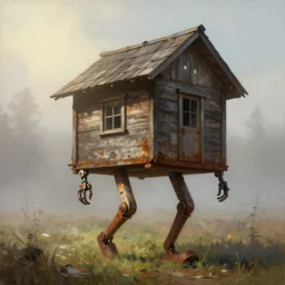 a walking wood house with two mechanical legs and two glowing eyes, rust, hyperrealistic, pareidolia, highly detailed, cinematic, single ray of sun, fog, beautiful, cgssociety, artstation, 8 k, oil painting