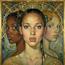 a streamline moderne, art nouveau, multi - ethnic and multi - racial portrait in the style of charlie bowater, and in the style of donato giancola, and in the style of charles dulac. intelligent, expressive, large eyes. symmetry, ultrasharp focus, dramatic lighting, semirealism, intricate symmetrical fine complex background detail.