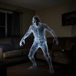 transparent horror demon evil spirit attacks in living room with interior photos shot on iphone, dynamic pose, full body shot, sharp focus, grainy, corpse, paranormal flashlight, night, total darkness,