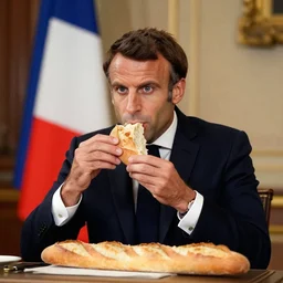 emmanuel macron as a president of france eating a french baguette, 1 8 5 0 s style