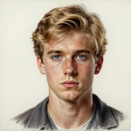 A pencil drawing portrait of a blond young Irish man with high cheekbones. Good bone structure. Dressed in 1980s style. Highly detailed, fine Art, high detail, great lighting, 8k resolution, masterpiece, concept art, illustration, clear eyes, painting oil on canvas, octane render, HDR, trending on artstation, 4k, 8k, HD