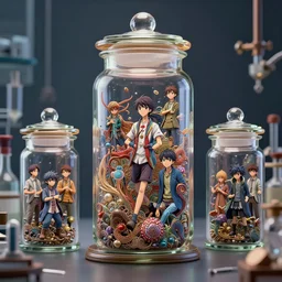 collection of tiny anime figures in jars in a lab : : by michal karcz, daniel merriam, victo ngai and guillermo del toro : : ornate, dynamic, particulate, intricate, elegant, highly detailed, centered, artstation, smooth, sharp focus, octane render, 3 d