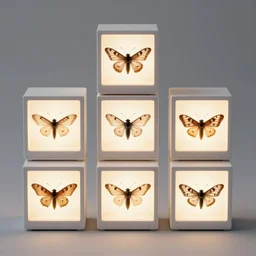 composition of square boxes with different moth, diorama, front view, light mode, led lamps, coral reef, macro photo, canon camera, leans 3 5 mm f 2. 8, 8 k