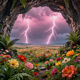 inside of a massive cave with a hyper - realistic bright coloured natural flowers and ferns : 4, overlooking an endless plain : 2, pink lightning clouds : 4, highly symmetrical, balanced, octane render, in the style of sahm : 3 hd, 4 k, ultra - realistic, in unreal engine