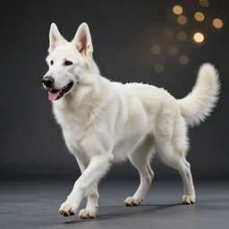 An extremely dynamic studio photo of a white German Shepherd dog, bokeh, 90mm, f/1.4