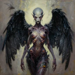 expressive oil painting, alien dark fae girlboss based on helena bonham carter mixed with sigourney weaver mutating into insect, bumpy mottled skin, big black feathered wings instead of arms, body horror, by yoshitaka amano, by greg rutkowski, by jeremy lipkinng, by artgerm, digital art, octane render