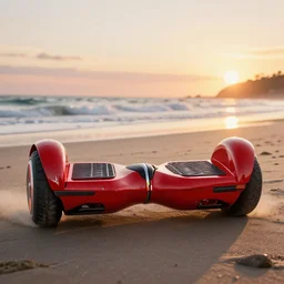 concpet art featuring a futuristic red hoverboard in the style of a ferrari at the beach during sunset. fine detail. surf. this 4 k hd image is trending on artstation, featured on behance, well - rendered, extra crisp, features intricate detail, epic composition and the style of unreal engine.