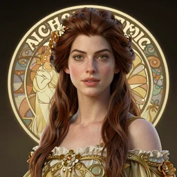 anne hathaway, path traced, octane render, highly detailed, high quality, digital portrait by artgerm, hd, alphonse mucha, tom bagshaw