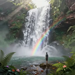 an hidden waterfall, beautiful, atmosphere, vibe, mist, rainbow, wet, puddles, fern, flowers, concept art illustration, color page, tone mapping, akihiko yoshida, james jean, andrei riabovitchev, marc simonetti, digital illustration, greg rutowski, volumetric lighting, sunbeams, particles