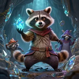3 d model, highly detailed digital illustration portrait of sorcerer sly cooper raccoon holding a magical glowing gemstone in a crystal cave, action pose, d & d, magic the gathering, craig mullins, artgerm, moebius, dan mumford, octane, wlop, disney, pixar,
