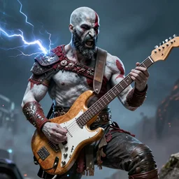 screaming kratos rocking out on a stratocaster guitar, cinematic render, god of war 2 0 1 8, playstation studios official media, short trimmed beard, lightning