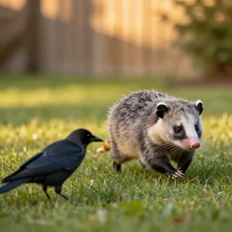 photoshoot of an virginia opossum chasing after a friendly crow in a backyard, golden hour, national geographic style, 5 0 mm