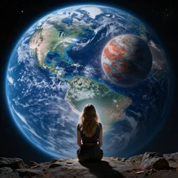 epic wide angle view beautiful woman watching from the Earth as a rogue planet nears for a collision which will destroy the world, by Edgar Maxence and Ross Tran and Michael Whelan