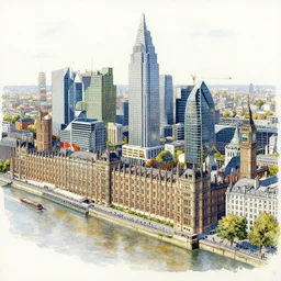 a hiper intricate watercolor a modern london, extremely detailed, sharp focus, wide view, detailed rought paper, digital illustration, colorfull, by william turner art, by greg rutowski, by carl larson, by edmund dulac