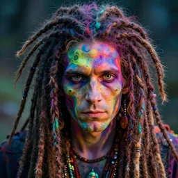 hyperrealistic close - up portrait of psychedelic colorful acid neuro - shaman dreadlocks hippy highly detailed concept art eric zener elson peter cinematic hard lighting high angle hd 8 k sharp shallow depth of field, inspired by denis villeneuve and zdzisław beksinski