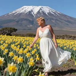 Donald Trump in a beautiful flowing sundress picking daffodils on Mount Kilimanjaro