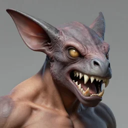 game concept art, muscular, lice head, chiroptera head, chiroptera ears, shark teeth, hyperrealism, artstation, cgsociety, zbrush, no background