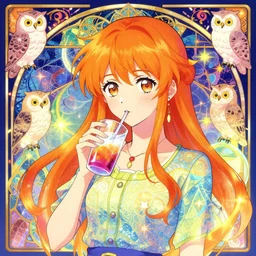 anime girl drinks orange hair, colorful, tsuruta kenji, murata range, pixiv, vibrant, magical fantasy, karolis strautniekas, james jean, yanjun cheng, art deco, art nouveau, digital art, enchanted, owls, kyoto animation