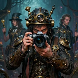 hyper realistic photographer looking through camera towards viewer, magical, steampunk, painted by mike mignola, craig mullins, j. c. 8 k