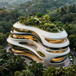 architectural futuristic iconic building, zaha hadid covered by nature, trees in terraces, sustainable, white, gold and black colors, volumetric lighting surrouded by forest, hyper detailed, futuristic, octane render 8 k, post process, photorealistic