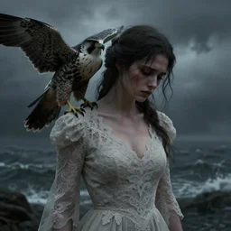 cinestill 5 0 d panorama of a woman with a falcon on her shoulder by roversi, gloomy, pain, sad, intricate, elegant, sharp focus, artstation, dress in lace in a dystopian stormy seascape, pale dark matte, sharp focus, illustration, octane render, unreal engine, art by roberto ferri greg rutkowski, epic fantasy, digital photo art