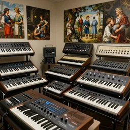 a room full of analog synthetizers, korg, roland, modular, award - winning realistic sci - fi concept art by beksinski, bruegel, greg rutkowski, and yoshitaka amano, barlowe, wayne