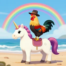 A rooster wearing a fedora, standing on a unicorn at the beach, with rainbow in the sky.