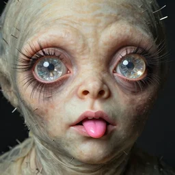 close up portrait of a mutant monster creature with crystal eyes, small open pinky lips, fractal long eyelashes, cloth, needles. jan van eyck, agnes pelton