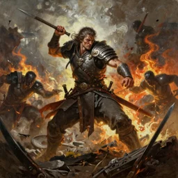 beautiful brutal warrior brutally fight his enemies on battlefield, wrath flame and ruin, oil painting, trending on artstation