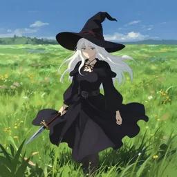 white girl witch in the middle of a field, illustration, digital painting, concept art, trending on artstation, pixiv, art by ruan jia and makoto shinkai