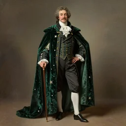 victorian era artificer with a velvet and emerald cape, stars, sincere, modern maximalist suit, is ( ( holding a cane ) ). light dust, magnificent, hyperdetailed, theatrical, painted by jean honore fragonard and greg rutkowski and wlop