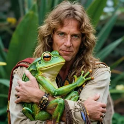 half - body portrait of hippie tommy chong hugging with frog goddess in garden masterpiece happiness by jim burns doyle, tim detailed ultrarealistic expressive eyes dynamic cinematic dramatic