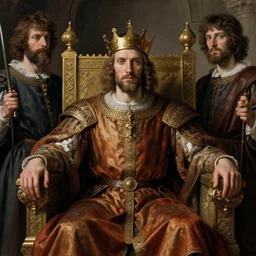 Medieval king on a throne by Edgar Maxence and Caravaggio and Michael Whelan, artistic, intricate drawing, realistic fantasy, extremely detailed and beautiful aesthetic face, postprocessed, 8k resolution, dramatic lighting
