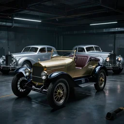 Concept car based on Model-T Ford, Rolls Royce Silver Ghost, and the 1936 Mercedes-Benz 500K in an underground garage. Photo-realistic, dark atmospheric, volumetric lighting, moody, dark, cyberpunk, cinematic. Roger Deakins Cinematography, Ikuo Maeda, Thomas Sigel, Yalim Erkaya and Marcus Quach