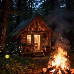 cabin in the woods at night, campfire, lens blur, fireflies