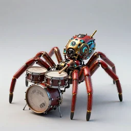 a steampunk mechanical colourful jumping spider playing drums, highly detailed illustration highlights, red and gold highlights, neon blue highlights, macro photography, F/2.8, trending on artstation, octane render