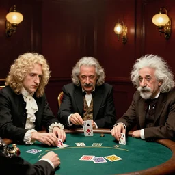 playing poker in a saloon, Isaac Newton and Stephen Hawking and einstein, trending on artstation, Norman Rockwell  and Richard Schmid