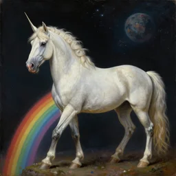 an oil painting of a unicorn walking on an rainbow in space, masterpiece, highly detailed, high quality, 4K, anatomically correct, hyperrealistic, concept art, octane render, unreal engine 5, trending on Artstation, trending on DeviantArt, matte, historical painting, fantasy style, path traced, high coherence, soft lighting, digital painting, mythical