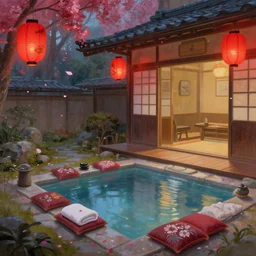 painting of private onsen next to japanese inn with levitating red lanterns and petals by greg rutkowski craig mullins ross tran cushions towels zen garden flowers japanese motifs concept art clear focus fantasy d & d cinematic lighting unreal engine lumen reflections trending on artstation