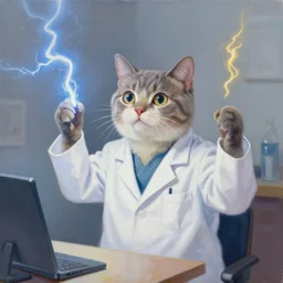a painting of humanoid cat wearing lab coat just discovered electricity. eureka moment
