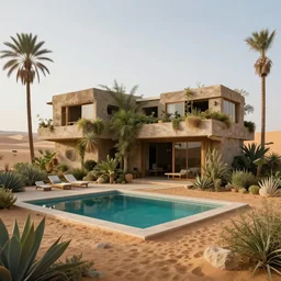 brutalism conceptual house in the desert, biophilia mood, pool, garden, highly detailed, cinematic, photorealistic,