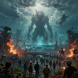 underwater end of the world among crowd of lot of people, clouds, fire, demons, plants, bridge, buildings, people, serpent, strange creatures walking around, falling from sky, big titan creature in the center, splitting the sky and the ocean and the tall city, by vladimir kush and giger and zdzislaw