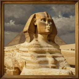 an oil painting of the great sphinx of giza, with a human face a storm in the sky, sepia colors, impasto, wooden frame, 1 8 0 0's, sense of majestic epic wonder
