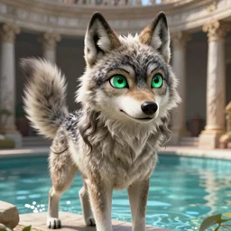 A photorealistic scene from a CGI sci-fi film showing a lifelike anthropomorphic wolf girl(with long hair and cute big green eyes, tail raised, concerned expression, anthro wolf face, very fluffy and furry) standing in a pool in Ancient Rome, with photorealistic lighting.