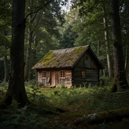 a cottage in the woods and empty woods, fantasy, hyper realistic, dramatic lighting, 8k