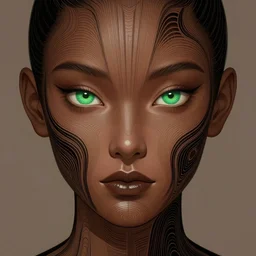 symmetry, samurai, lines, brown skin, green iris, machine face, intricate, elegant, highly detailed, digital painting, artstation, cgsociety, concept art, smooth, sharp focus, illustration, art by camille corot and karol bak and kim tschang yeul, 8 k
