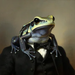 a head - and - shoulders portrait of an amazon milk frog wearing a black buttoned waistcoat ( ( ( ( ( ( ( ( ( ( bow tie ) ) ) ) ) ) ) ) ) ), a portrait painting by john trumbull, trending on artstation, american romanticism