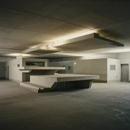 noisy photograph of a small liminal underground houses, office ceiling panels, retrofuturism, brutalism, staggered terraces, minimalist, cinematic, soft vintage glow